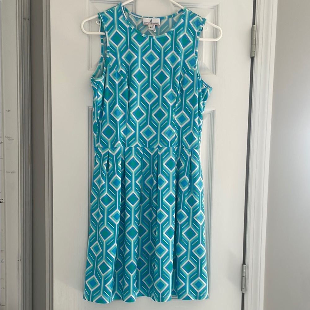 Jude Connally Turquoise and White Geometric Dress